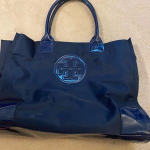 Tory Burch Ella Patent Leather & Canvas Tote: Navy